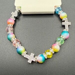 Rainbow Cross Charm Beaded Stretch Bracelet‎ Religious Jewelry Gift